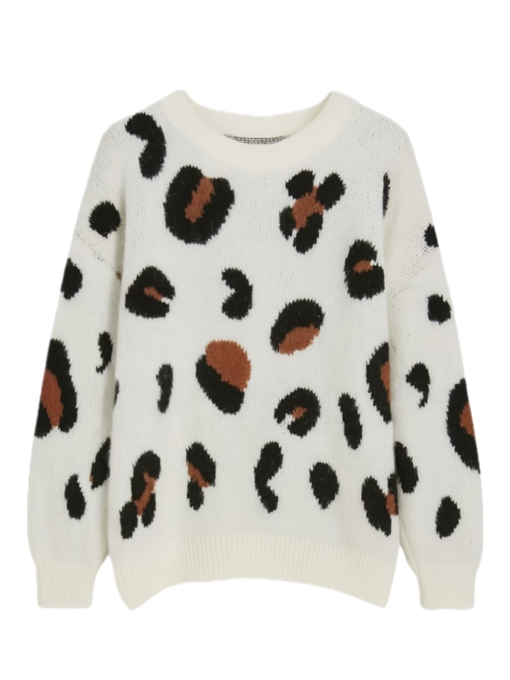 Main Strip White Crewneck Sweater with Black and Brown Leopard Spots